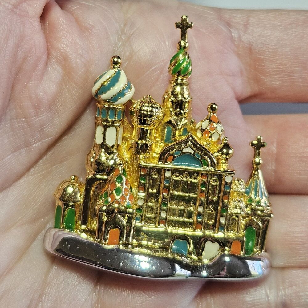 Vintage Joan Rivers Gold Tone Brooch Russian Cathedral Church Dome Enamel
